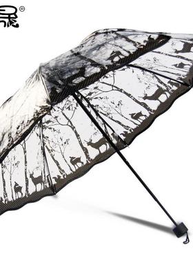 伞透明伞折叠伞全自动伞阿波罗黑色印花系列透明伞江南水乡