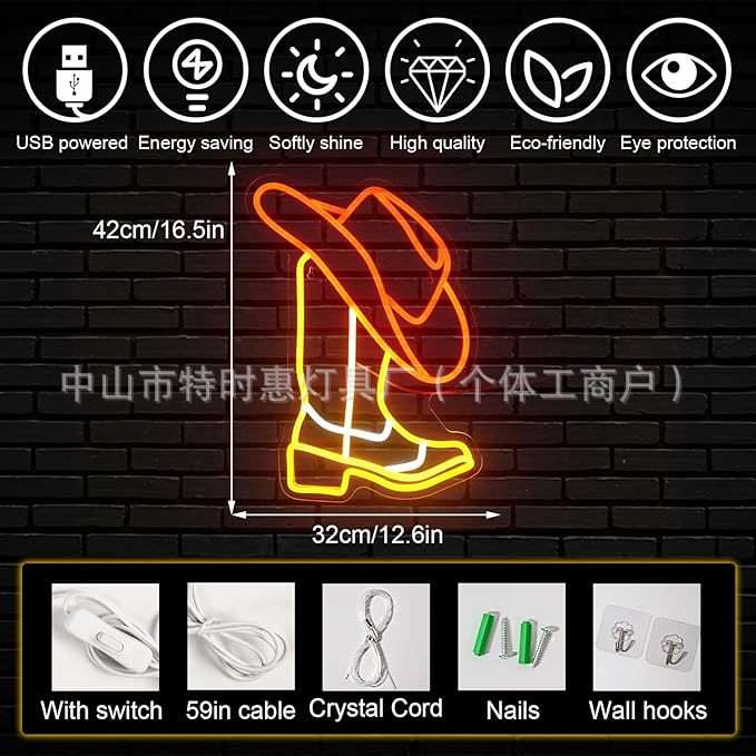 跨境usb霓虹灯led标识发光装饰灯牛仔主题造型灯派对聚会氛围灯
