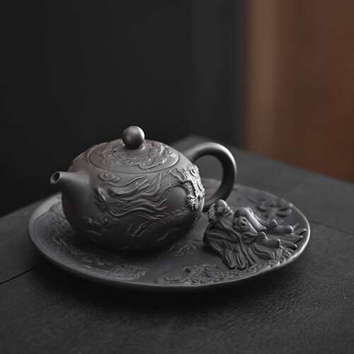 文创茶托盘茶点盘纯手工浮雕龙形壶承干泡盘杯托茶道紫砂茶盘盘龙