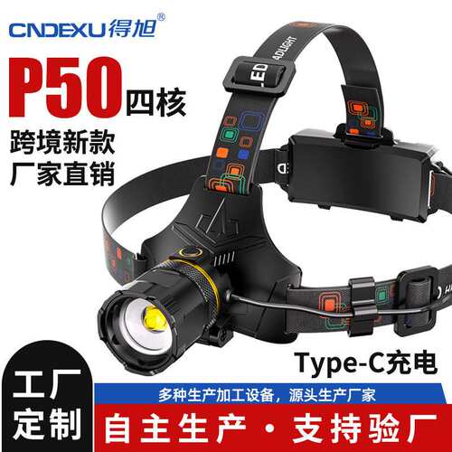 跨境新款感应大功率P50高亮强光超亮伸缩头戴式头灯变焦户外头灯