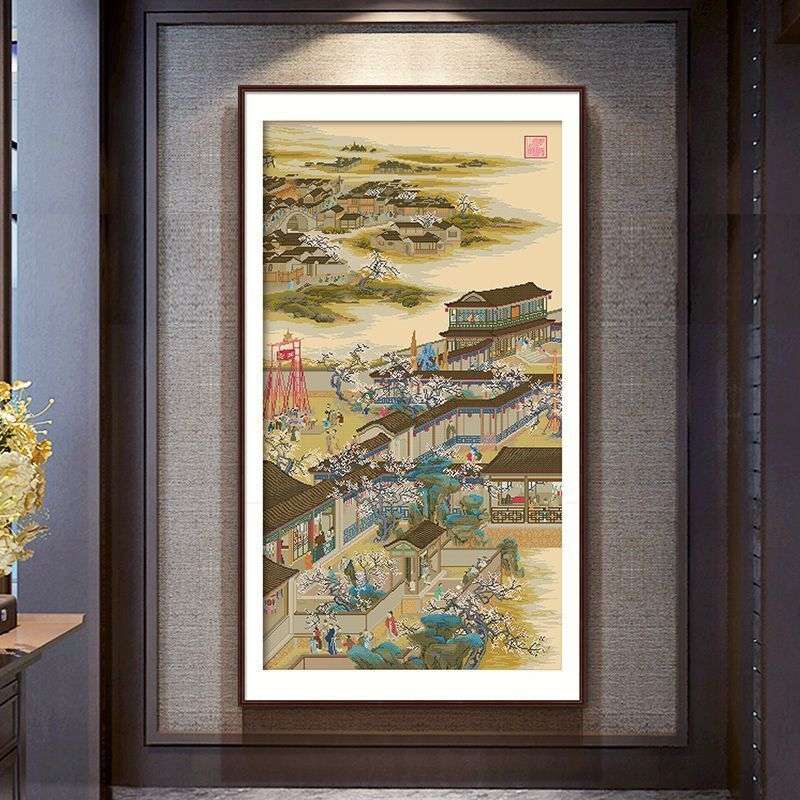 雍正十二月正月十字绣2024新款线绣客厅古典名画收藏竖版风景玄关