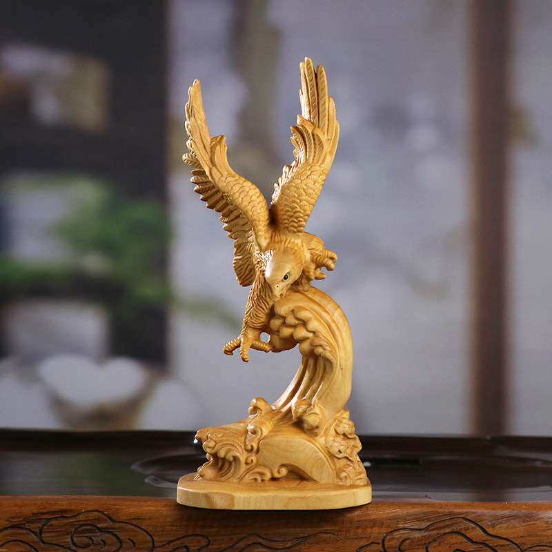 黄杨木雕大展宏图雄鹰展翅木质工艺品家居书房办公室桌面装饰摆件
