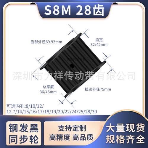同步带轮S8M28齿钢A黑齿宽32/42内孔127141516171928齿形带同步轮