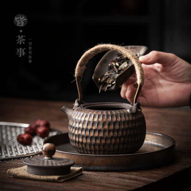 创意锤纹提梁壶大容量鎏金单壶家用带过滤花茶壶酒店民宿茶具单壶