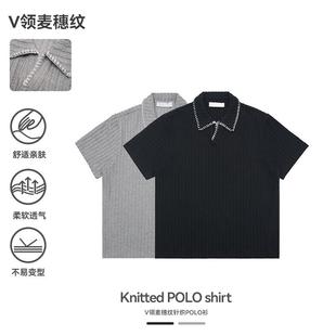 UNF 花边V领麦穗纹POLO衫短袖男女肌理感美式老钱风半袖针织T恤夏