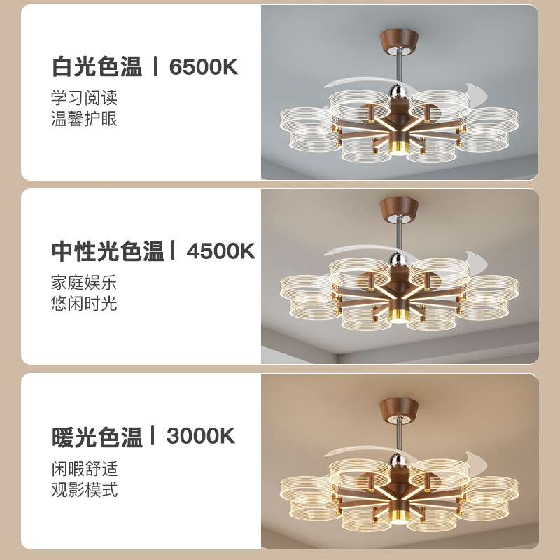 新款中古风客厅吊扇灯复古胡桃木色多头卧室餐厅书房隐形风扇灯