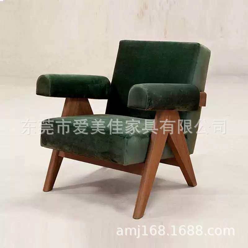 实木复古单人沙发椅轻奢现代客厅阳台卧室极简意式设计师款休闲椅