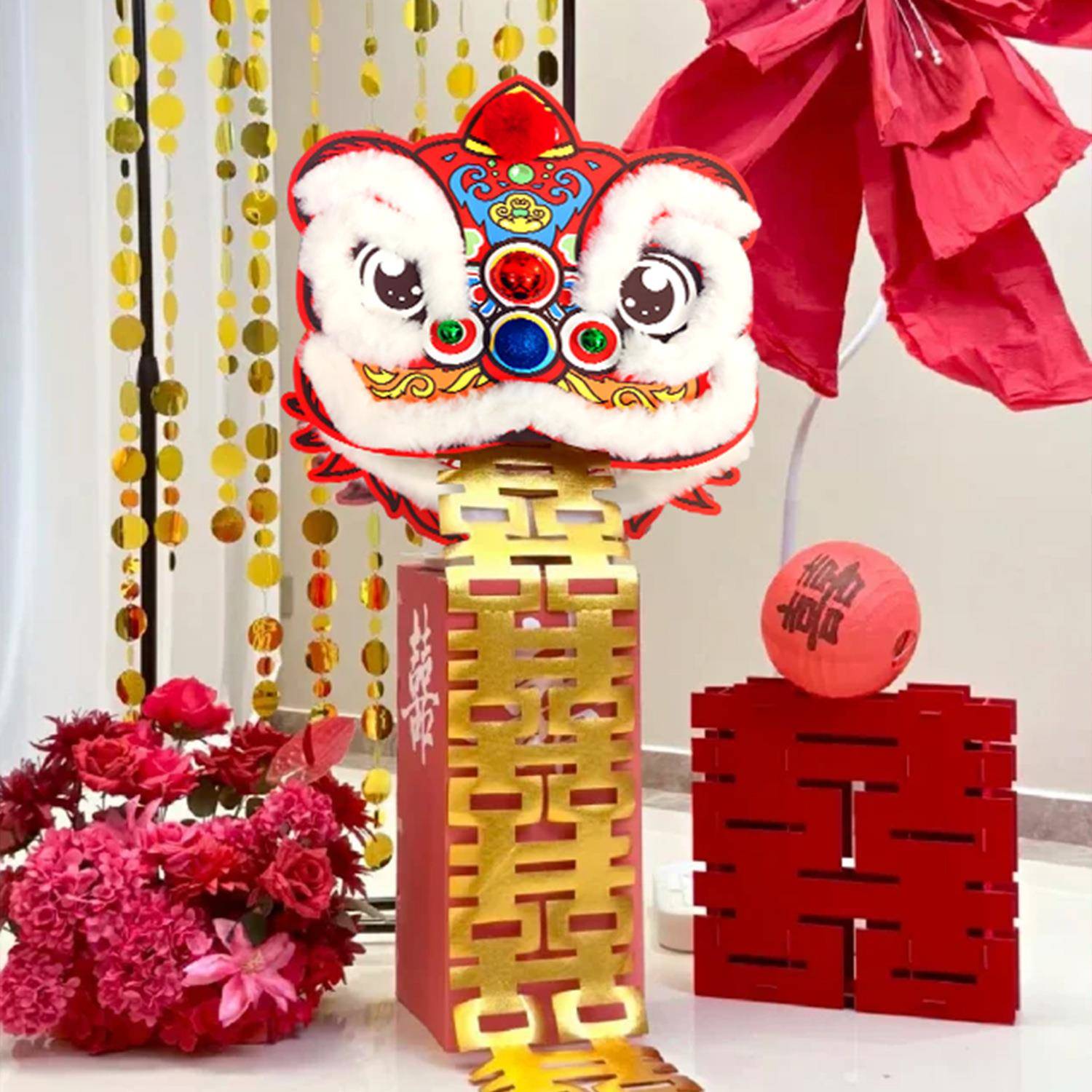 醒狮创意摆件婚礼喜庆单狮子头2025新款传统订婚晨袍装饰拍照道具