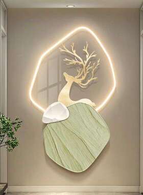 麋鹿入门玄关装饰画现代轻奢走廊过道挂画抽象led壁灯客厅墙壁画