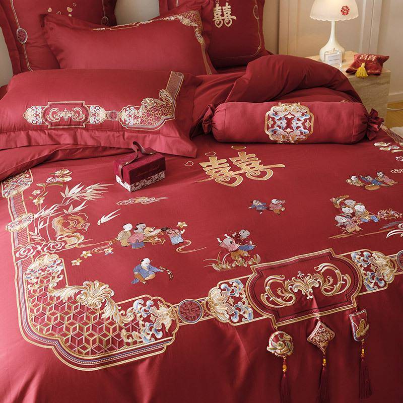 新中式风婚庆四季长绒棉纯棉四件套百子迎喜刺绣被套结婚床上用品