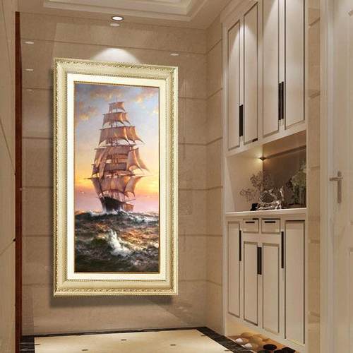 厂家三联油画一帆风顺 客厅装饰画 竖版餐厅玄关挂画