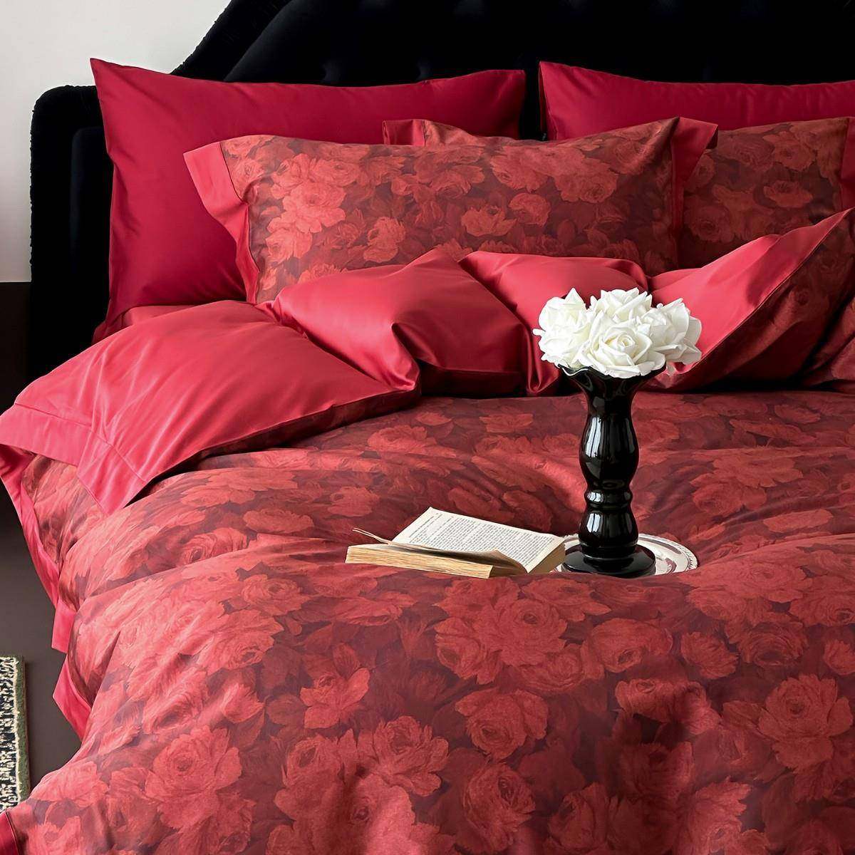 法式复古风婚庆四件套100S纯棉提花被套红色喜嫁结婚床单床上用品