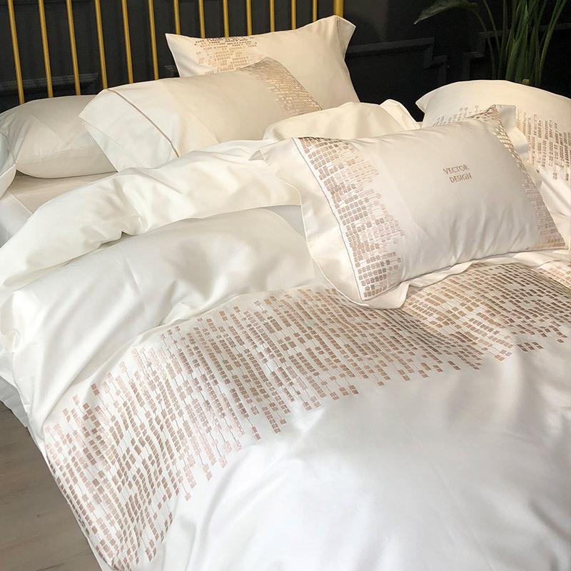 简约轻奢四季匹马棉纯棉四件套刺绣纯色全棉床单被套床上用品1.8