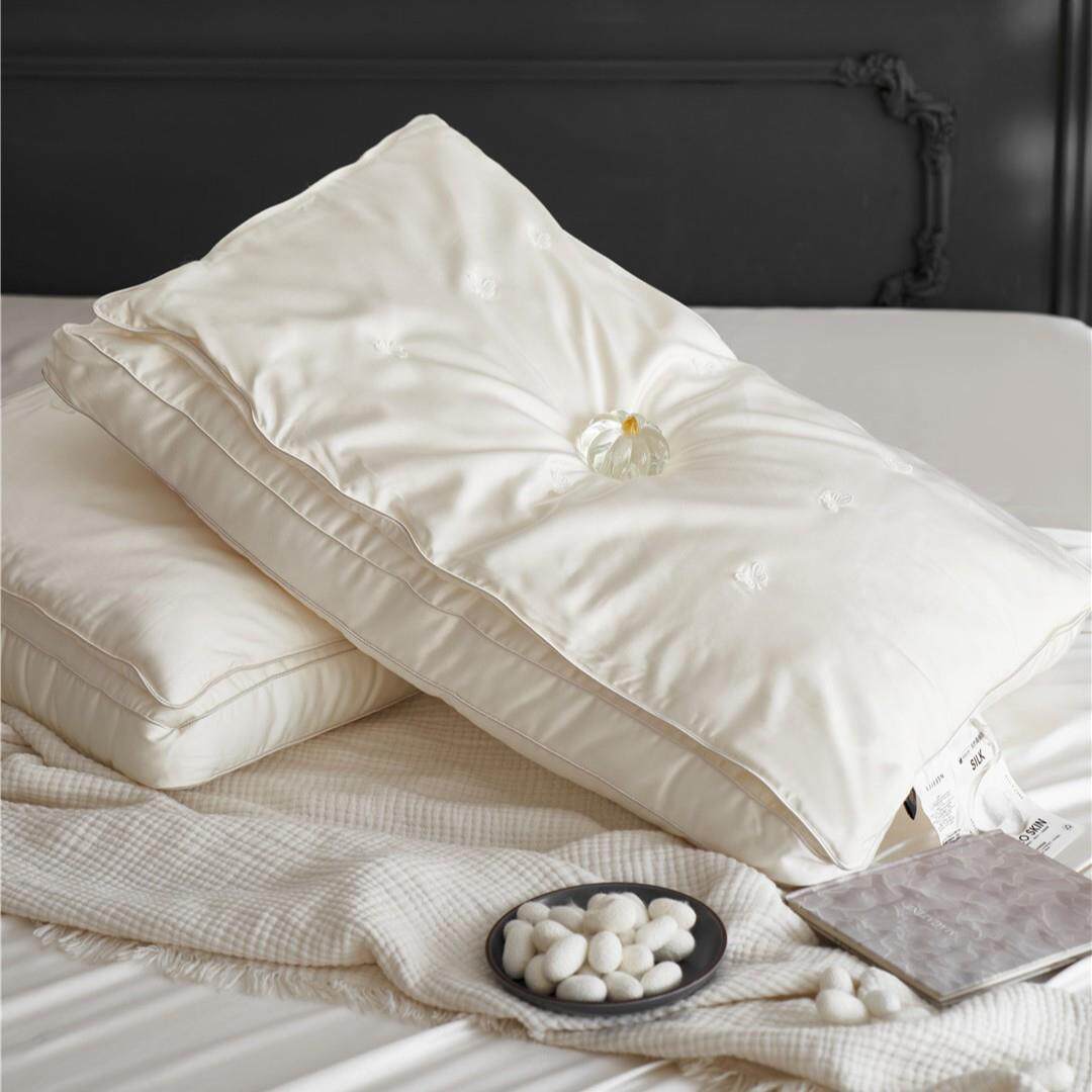 手工桑蚕丝超柔枕芯 双层上蚕丝下羽丝棉枕头 舒适亲肤透气枕