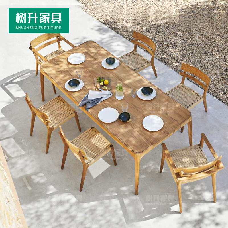 户外实木桌椅室外花园餐桌椅庭院藤编木制桌椅阳台柚木桌椅三件套