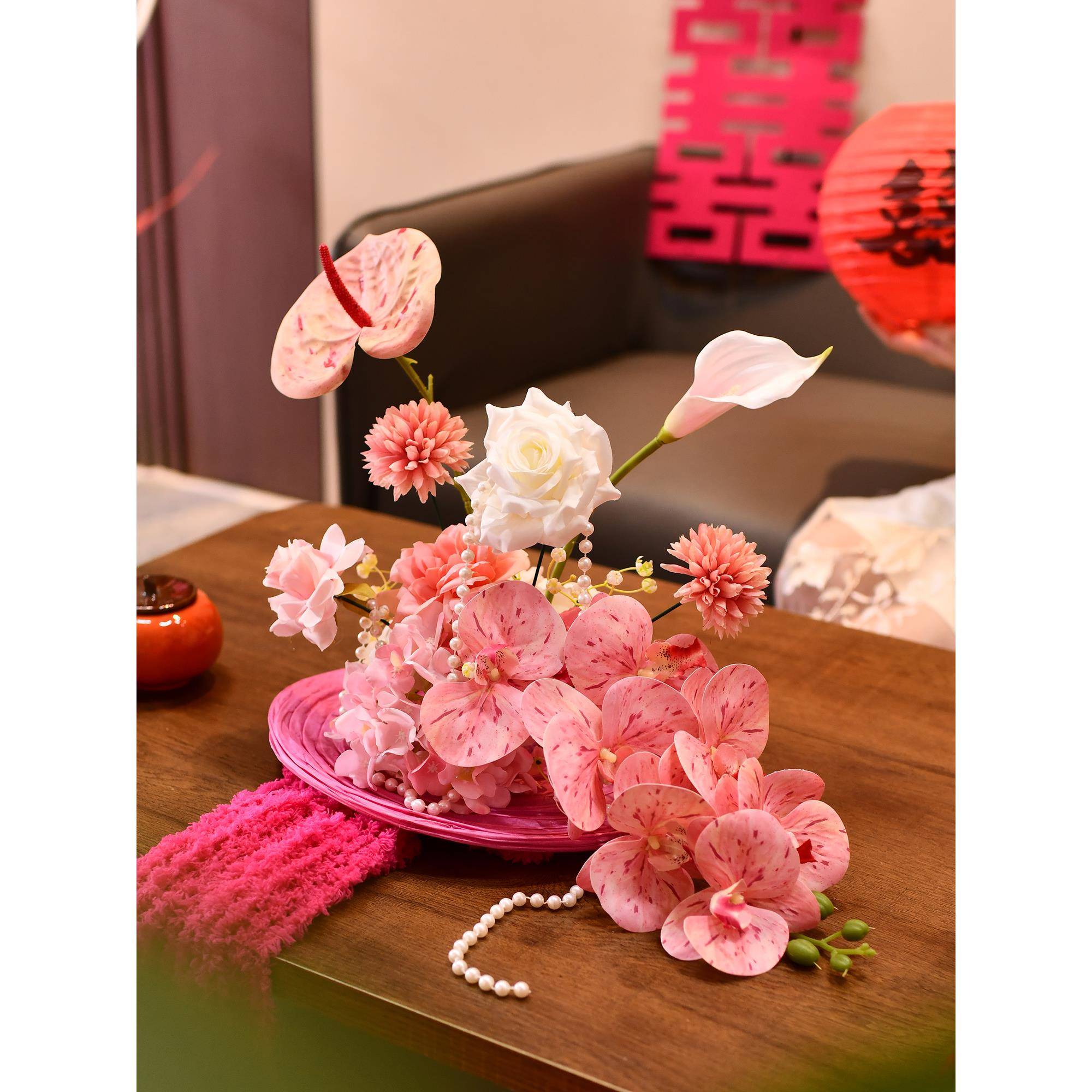 结婚茶几落地花艺订婚布置装饰玫红色花摆件婚房床头桌面花排