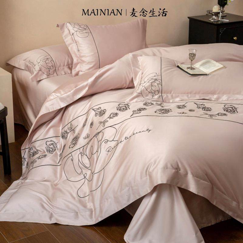 A类轻奢风刺绣床品床上四件套纯棉全棉100S长绒棉被套床单床笠