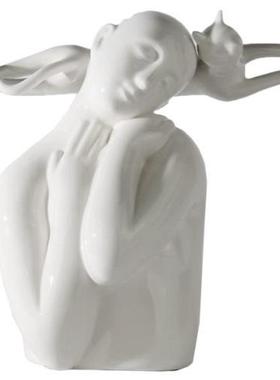 现代人物白色猫女抽象摆件样板间书房客厅创意组合茶几桌面陈列