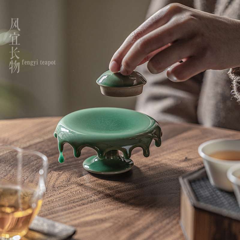 风宜长物 梅子青盖置盖柱青瓷壶承 中式复古茶道配件茶置茶具零配