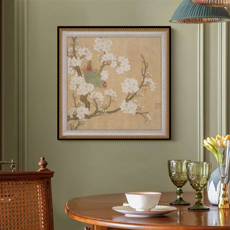 法式花鸟装饰画法式复古玄关墙挂画中古卧室床头画新中式梨花壁画
