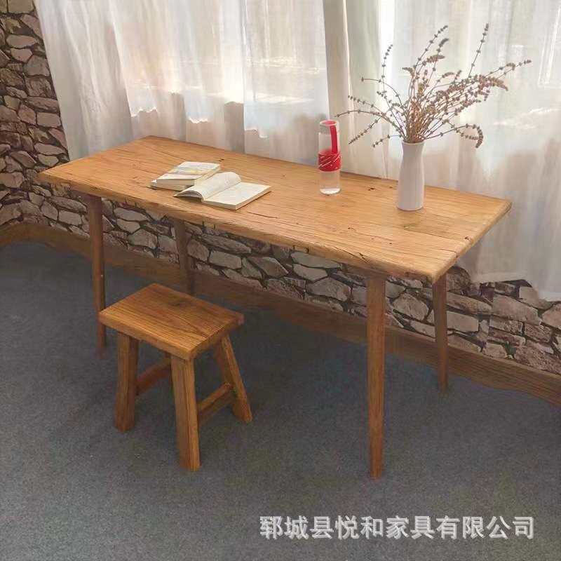 复古老榆木茶桌禅意旧门板阳台餐桌椅组合原木怀旧民宿茶桌长条桌
