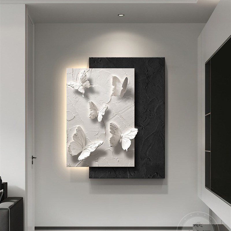 侘寂风客厅装饰画黑白灰蝴蝶沙发背景墙挂画高级感抽象立体壁画灯
