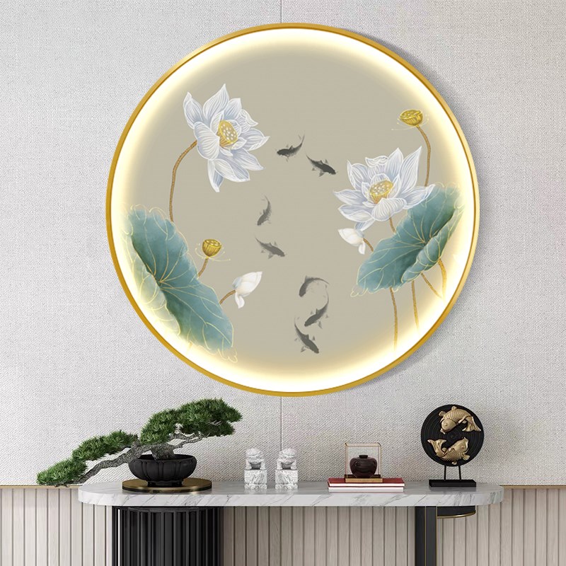 新中式九鱼荷花圆形客厅玄关入户背景墙挂画LED带灯晶瓷装饰灯画图片