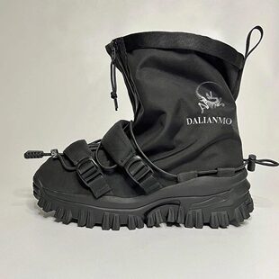 短靴女短筒厚底风背包马丁靴布面机能户外防水靴子马丁靴刺绣重构