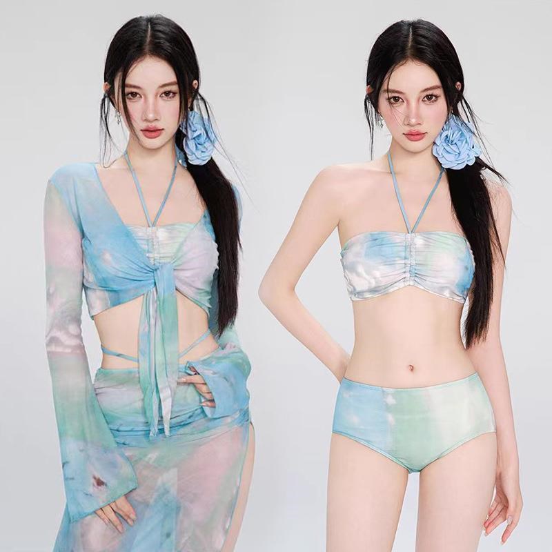 泳衣女分体比基尼四件套长袖长裙防晒欧美新款泳装渡假海边泡温泉