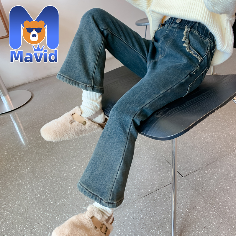英国Mavid加绒牛仔裤女童2025新款儿童女孩秋冬裤子加厚小脚裤