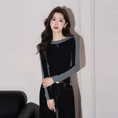 上衣女设计感小众内搭可外穿螺纹打底一字领拼色高级长袖女修身T
