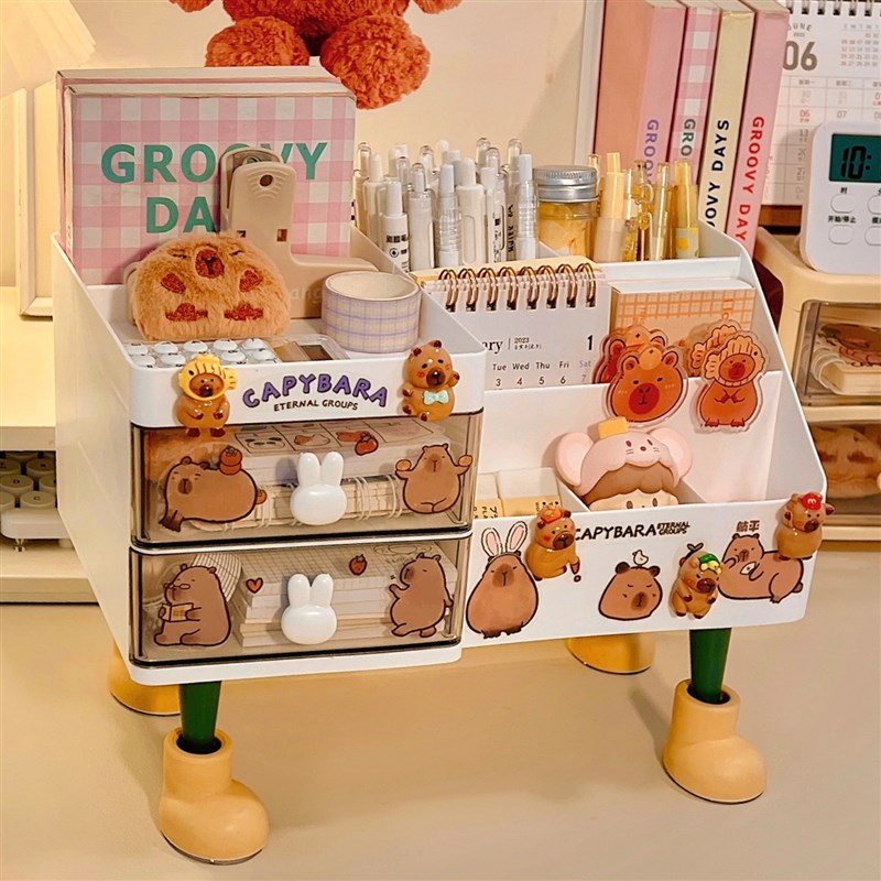 卡皮巴拉收纳盒学生桌面大容量分格笔F筒女孩多功能抽屉文具置物