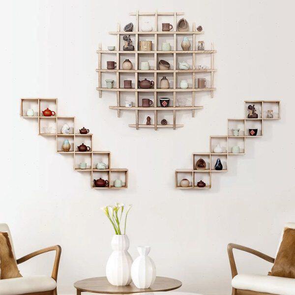 原木色创意壁挂博古架古董收藏架茶具展示架实木组合多宝阁置物架