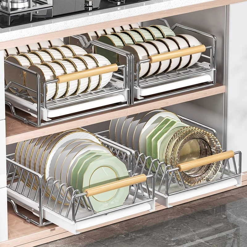 不锈钢碗碟收纳架厨房橱柜内置物C架抽屉式拉篮抽拉碗盘子沥水碗