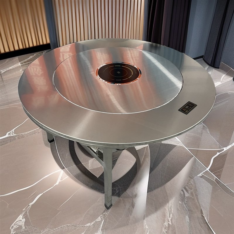 不锈钢圆桌火锅电磁炉一体内置转盘D家用折叠餐桌圆形商用火锅桌