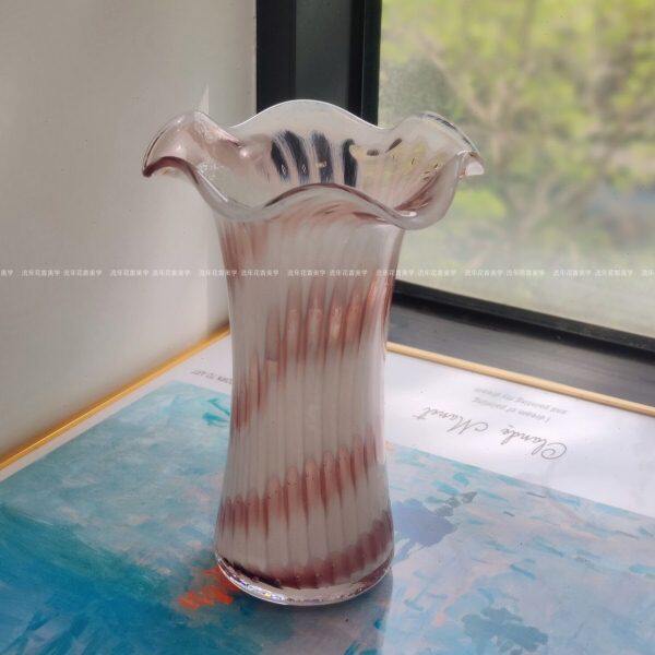 简约百搭粉白渐变色花边口大口径手工玻璃花瓶水养插花器家居摆件