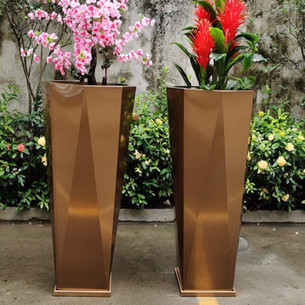 大型高花盆 不锈钢花盆 玫瑰金 无指纹 八角桶 定制 底盘 接水盘