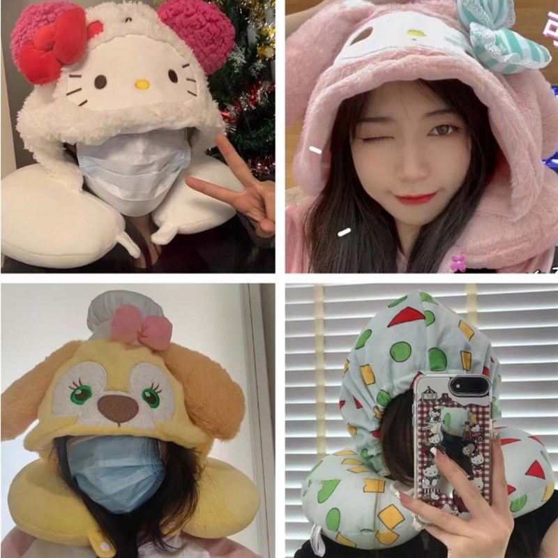 包邮可爱卡通美乐蒂n加大连帽U型护颈枕午睡枕头旅行飞机带帽子u