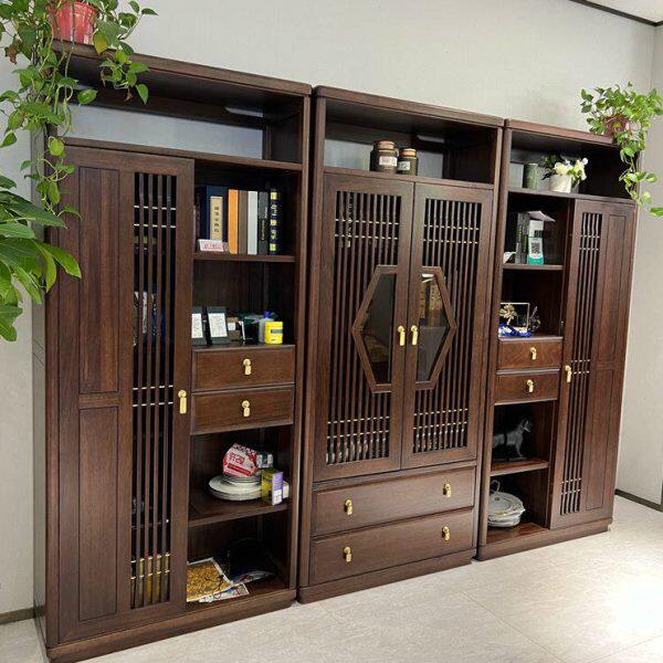 8号馆新中式黑檀全实木家具两门玻璃门书柜书橱书架组合款2.88米