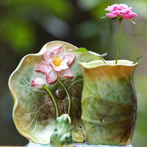 鲜花瓶陶瓷小花瓶欧式创意田园青蛙莲花桌面装饰摆件笔筒家居摆设