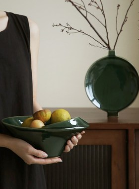 栗石中古风祖母绿手工陶瓷v果盘高级感民宿客厅茶几玄关插花瓶摆