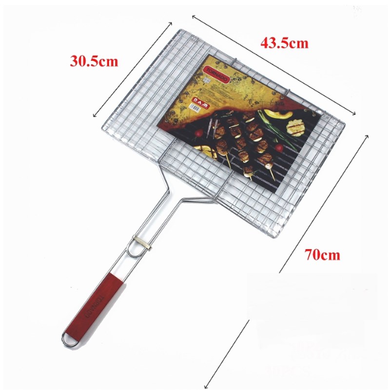 不锈钢烧烤网夹i户外烧烤工具木把拱形烤鱼夹子双层烤网烤菜夹子