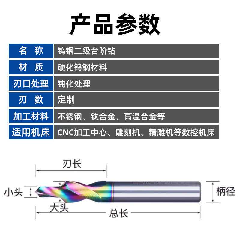 钨钢涂层二级台阶钻头铝合金锁孔不锈钢沉头沉孔钻阶梯扩孔钻头