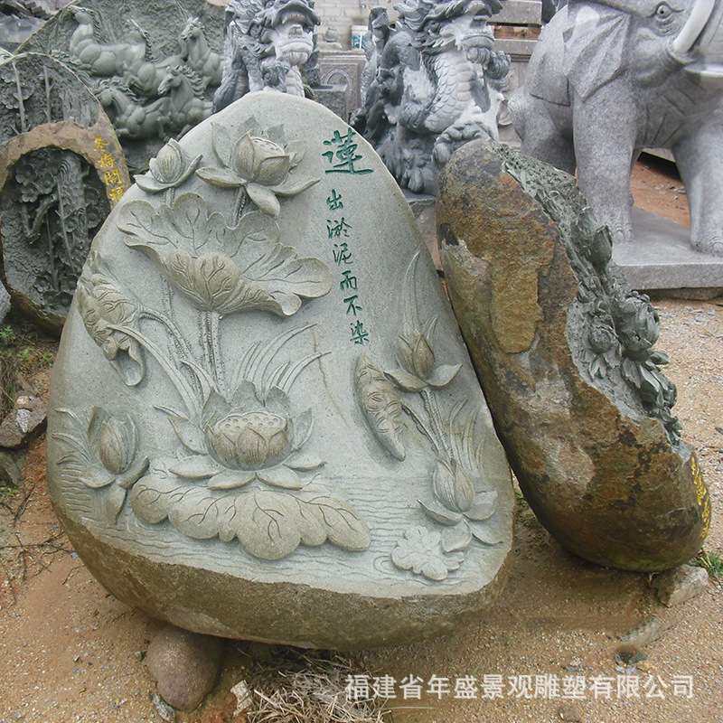 广场景区自然石动物雕塑 12生肖浮雕老虎景观石摆件 惠安石雕工艺