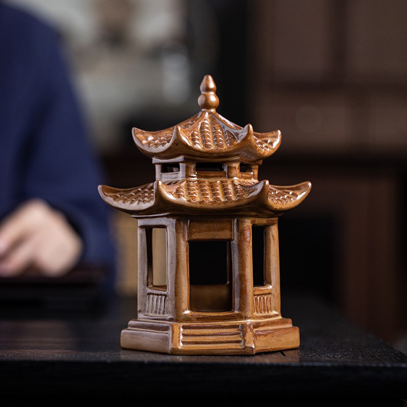 陶瓷凉亭桌面摆件微景观s禅意六角亭宝塔装饰假山鱼缸园艺花盆造