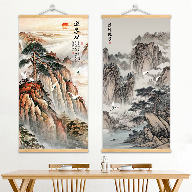 山水客厅挂d画实木布艺装饰画玄关入户走廊过道免打孔国风青山壁