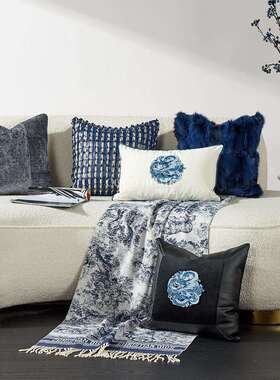 新中式蓝色抱枕套设计感编织客厅沙发靠垫轻奢床头靠枕腰枕靠背套