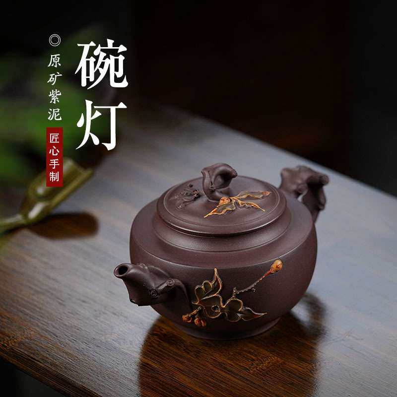 蝙蝠葡萄茶壶福寿如意全手工碗灯紫砂壶名家原矿老紫泥树桩贴花壶