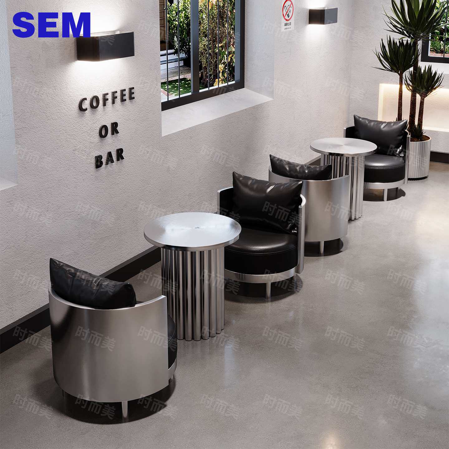 工业风酒吧清吧休闲水吧休闲沙发网红咖啡店奶茶店不锈钢沙发茶几