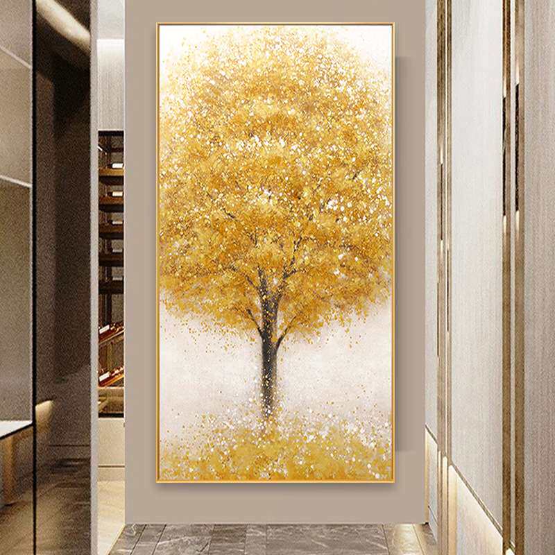 抽象手绘油画发财树玄关装饰画现代简约轻奢走廊过道立体金箔挂画